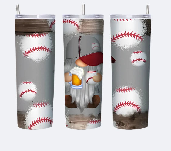 Gnome Baseball Tumbler Stainless Steel 20 oz with lid and straw