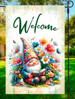 Welcome Book Reading Gnome Garden Flag 12 x 18 inch