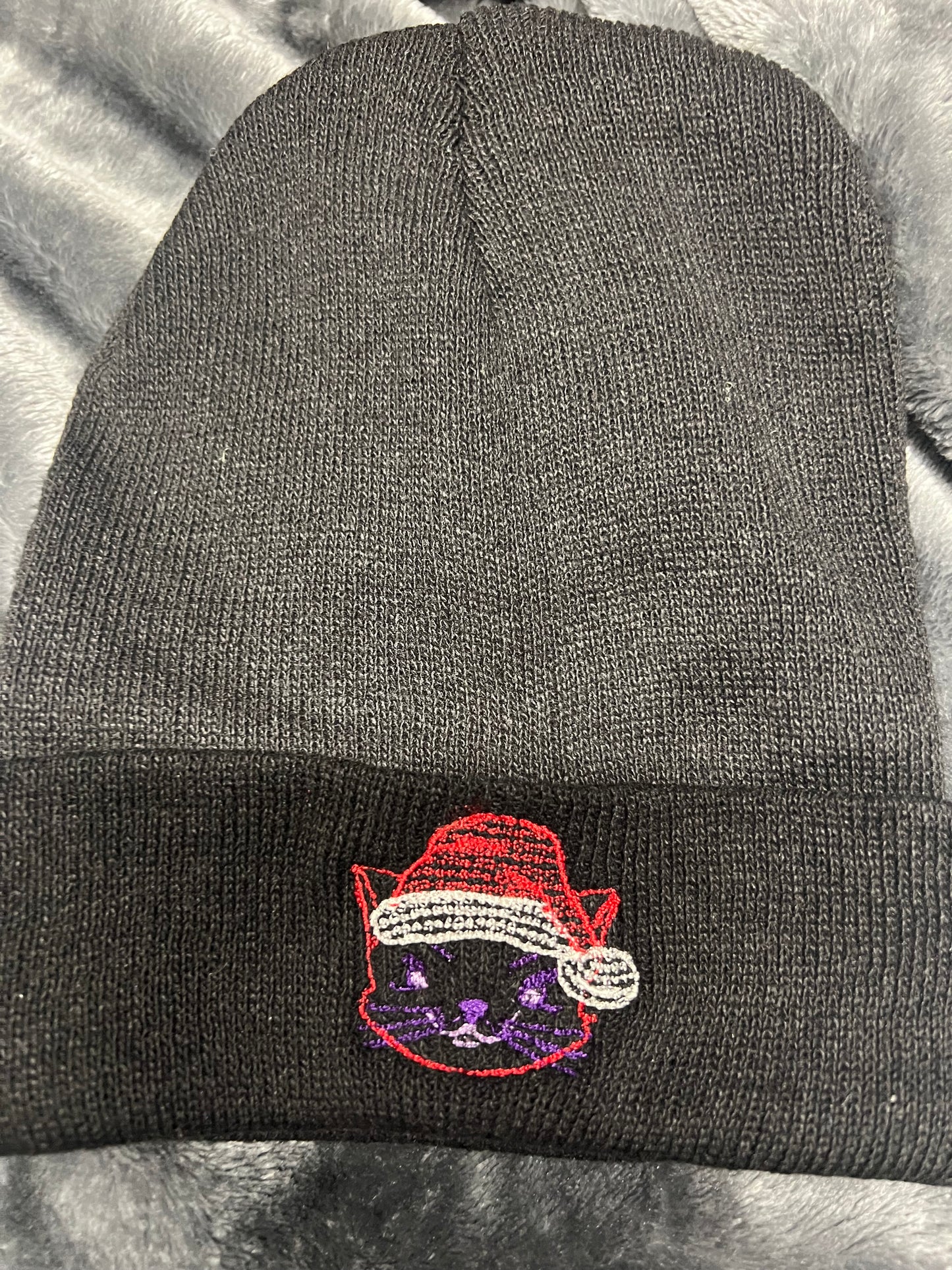 Winter Beanie Hat Black with Embroidered Christmas Cat