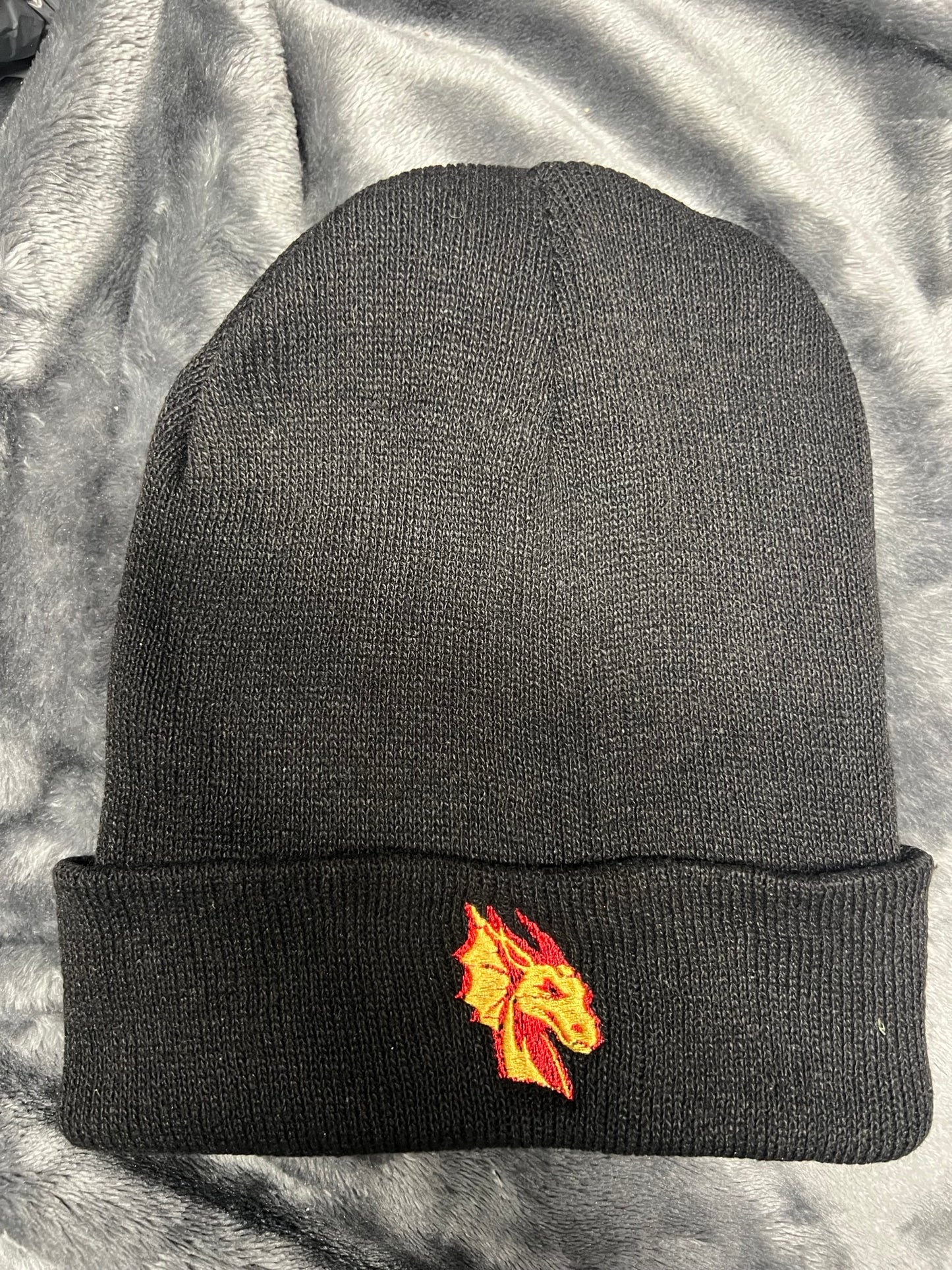 Embroidered Dragon Winter Beanie Hat Black