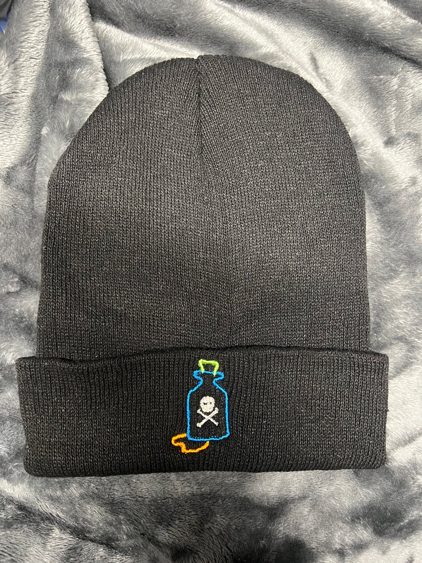 Winter Beanie Hat Black with a Poison Bottle Embroidered