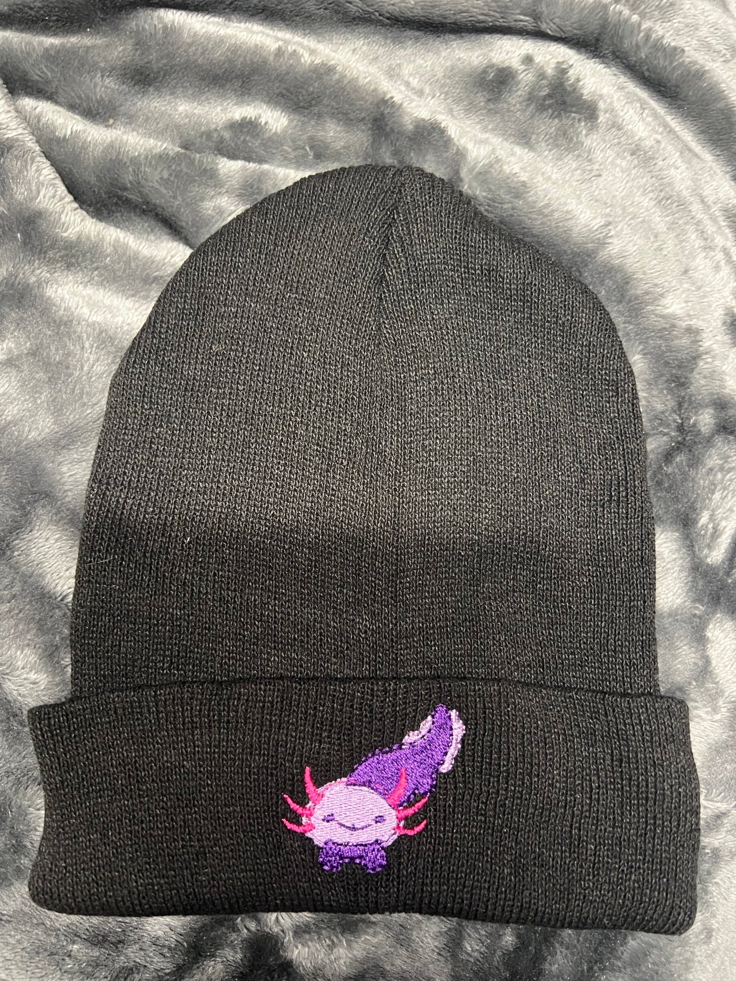 Winter Beanie Axolotl Embroidered Hat Black