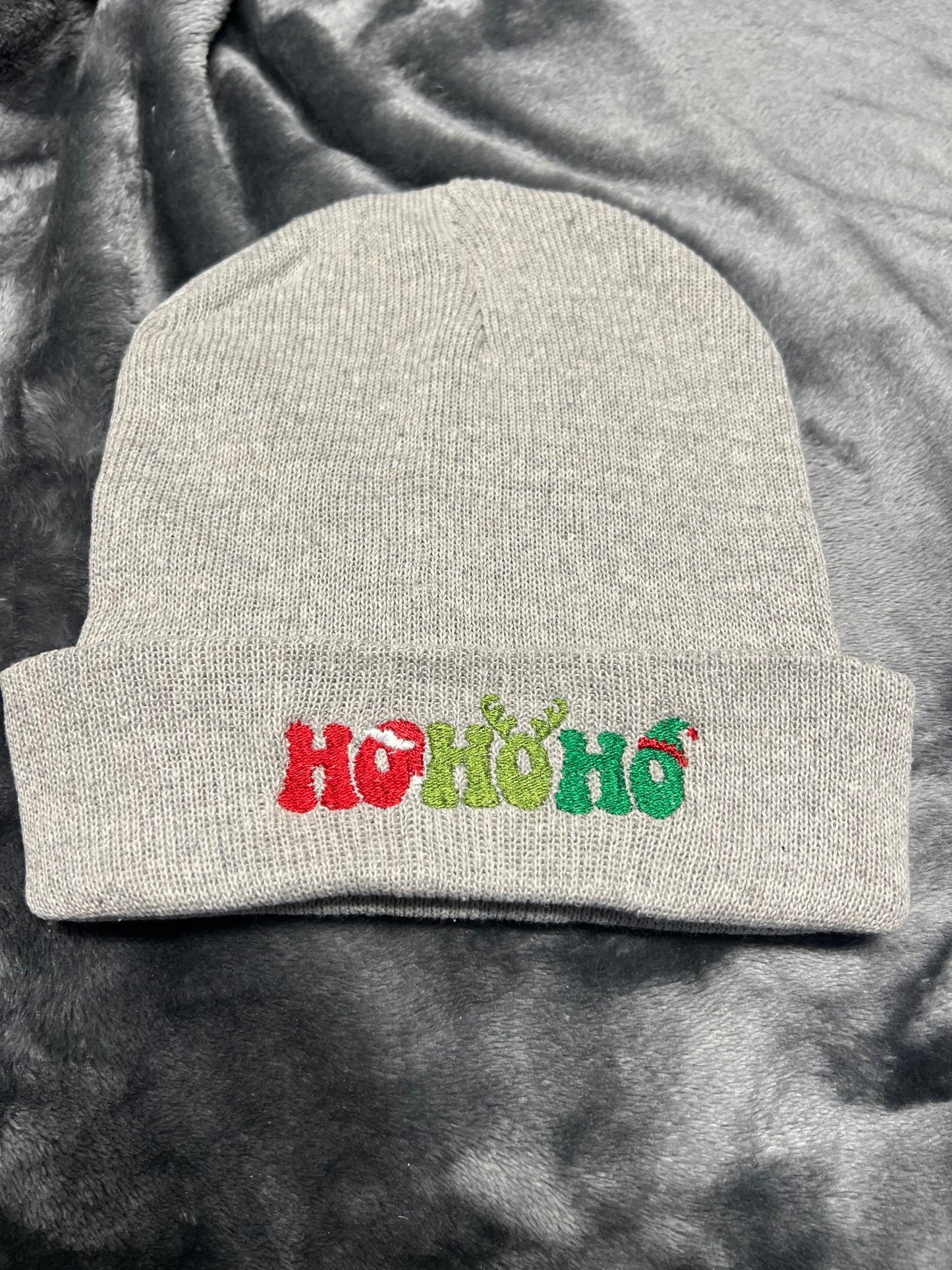 Christmas Ho Ho Ho Embroidered Winter Beanie Hat Grey color
