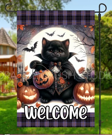 Scary Cat Welcome Halloween Garden Flag without Stand