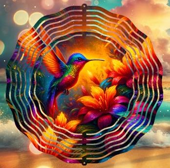 Colorful Humming Bird with Flowers Wind Spinner 10 inch